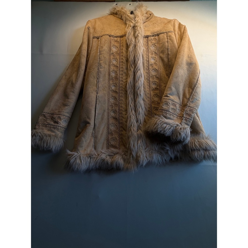Vintage Faux Suede Embroidered Hooded Coat Faux Fur Trim Penny Lane Boho Tan